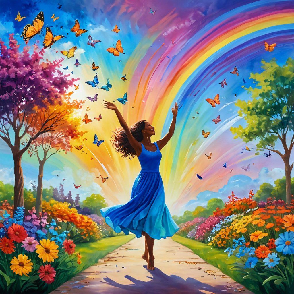 A vibrant scene depicting a person joyfully dancing in a sunlit park, surrounded by colorful flowers and butterflies. In the background, a rainbow arcs across the sky, symbolizing positivity and happiness. The person's expression radiates pure bliss, capturing the essence of living an ecstatic life. A gentle breeze rustles through the trees, adding movement to the peaceful atmosphere. surreal painting. bright colors. whimsical style.