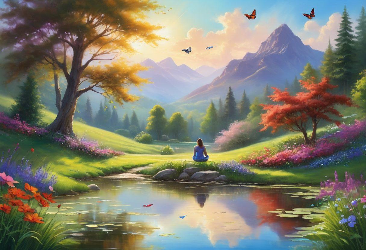 A serene landscape depicting a vibrant garden filled with colorful flowers, a tranquil pond reflecting the sky, and a person meditating peacefully on a lush green hill. Soft rays of sunlight illuminate the scene, creating a warm and inviting atmosphere that embodies contentment and happiness. Whimsical butterflies flutter around, and gentle mountains create a harmonious backdrop. Painting. vibrant colors. serene atmosphere.