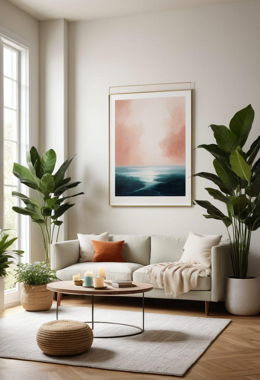 A serene room bathed in natural light, featuring soft, plush furniture, houseplants, and calming colors. Include cozy elements like candles, artwork of peaceful landscapes, and textures that invite relaxation. Emphasize a harmonious balance between comfort and aesthetics, evoking a sense of tranquility. super-realistic. vibrant colors. minimalist design.